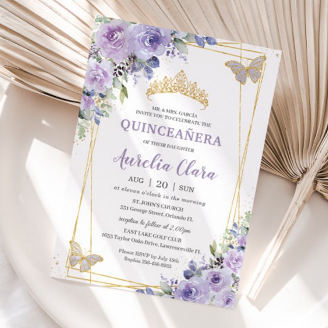 Quinceañera Lila Lilac Blommigt Butterflies Tiara Inbjudningar (purple-lilac-lavender-floral-butterflies-silver-quinceanera-birthday-sweet-sixteen-invitation-cards)