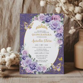 Quinceañera Lila Lilac Blommigt Guld Butterflies Inbjudningar
