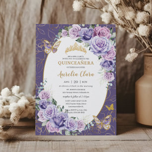 Quinceañera Lila Lilac Blommigt Guld Butterflies Inbjudningar