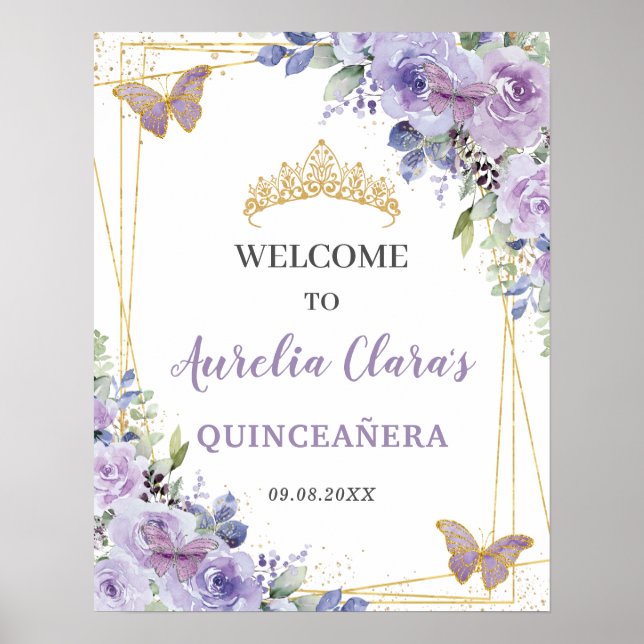 Quinceañera Lila Lilac Blommigt Guld Butterflies Poster (Framsidan)