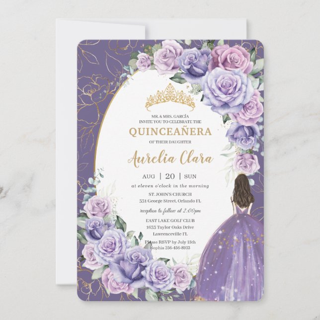 Quinceañera Lila Lilac Blommigt Guld incess Inbjudningar (Framsida)