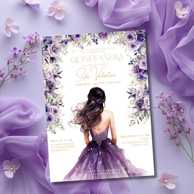 Quinceañera Lila Lilac Blommigt Guld Princess Gown Inbjudningar (Quinceañera Purple Lilac Floral Gold Princess Gown Invitation)