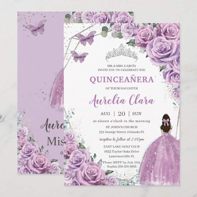 Quinceañera Lila Lilac Blommigt Princess Birthday Inbjudningar (Fram/baksida)