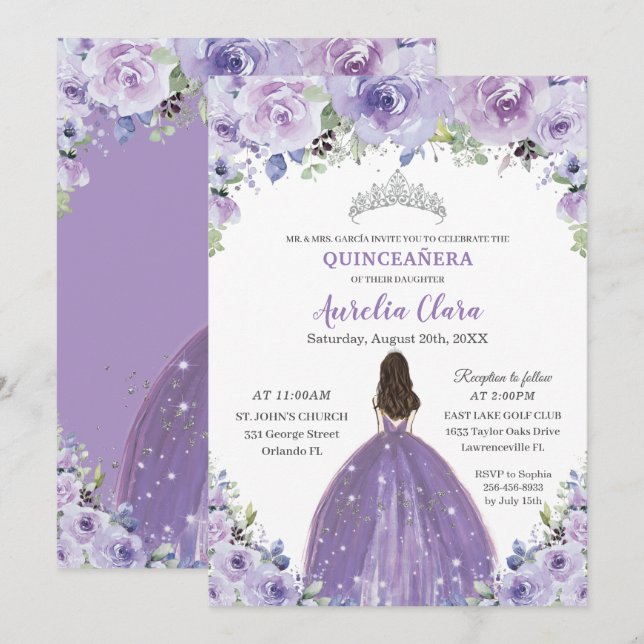 Quinceañera Lila Lilac Blommigt Princess Birthday Inbjudningar (Fram/baksida)