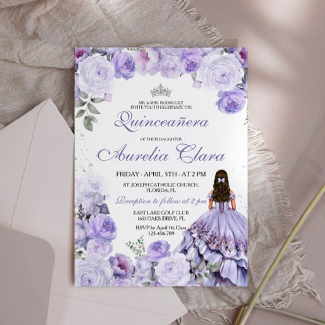 Quinceañera Lila Lilac Blommigt Princess Spanska Inbjudningar (Skapare uppladdad)
