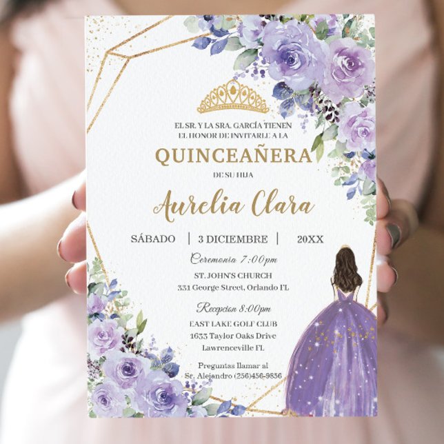 Quinceañera Lila Lilac Blommigt Princess Spanska Inbjudningar (Skapare uppladdad)