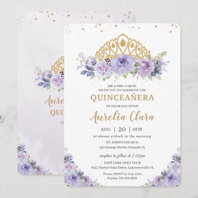 Quinceañera Lila Lilac Blommigt Princess Tiara Inbjudningar (Fram/baksida)