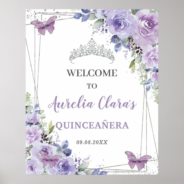 Quinceañera Lila Lilac Blommigt Silver Butterflies Poster (Framsidan)