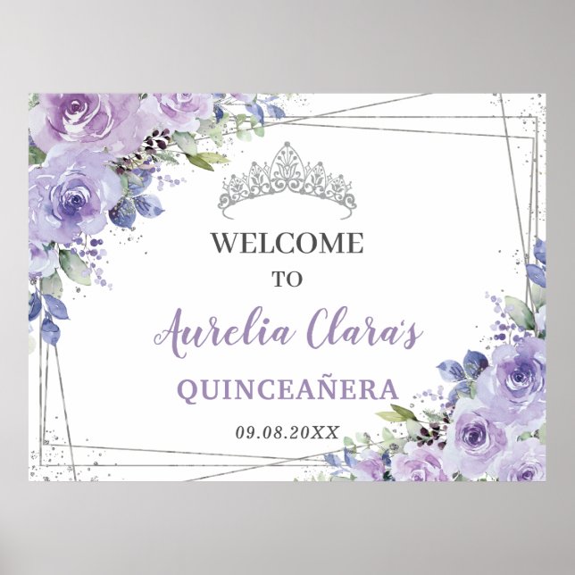 Quinceañera Lila Lilac Blommigt Silver Butterflies Poster (Framsidan)