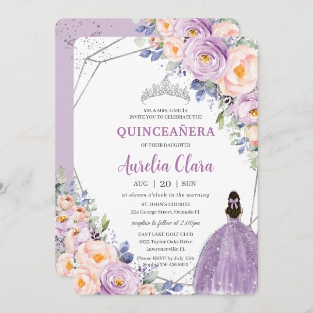 Quinceañera Lila Lilac  Blommigt Silver Dress Inbjudningar (Fram/baksida)