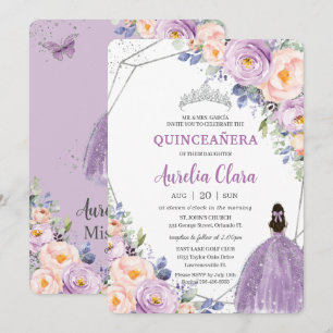 Quinceañera Lila Lilac Blommigt Silver Dress Inbjudningar