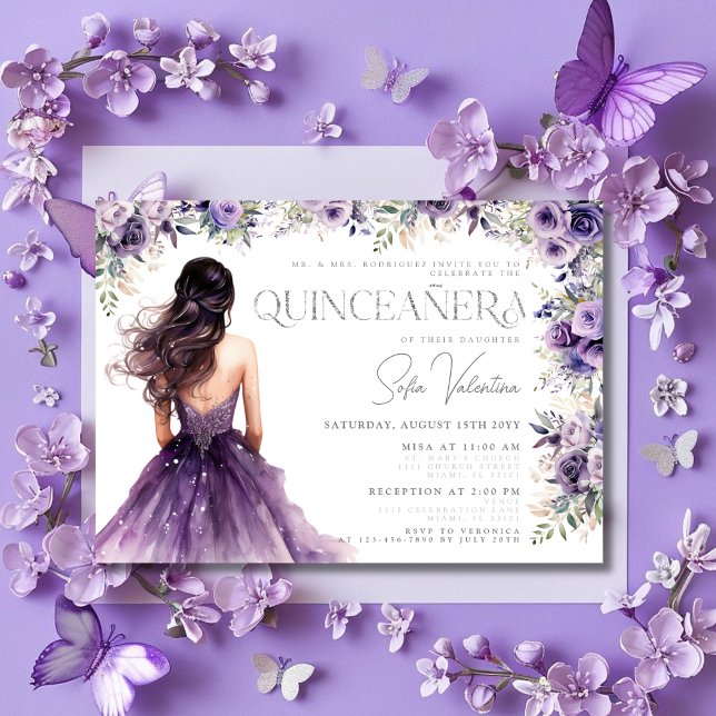 Quinceañera Lila Lilac Blommigt Silver Gown Inbjudningar (Quinceañera Purple Lilac Floral Silver Gown Invitation)