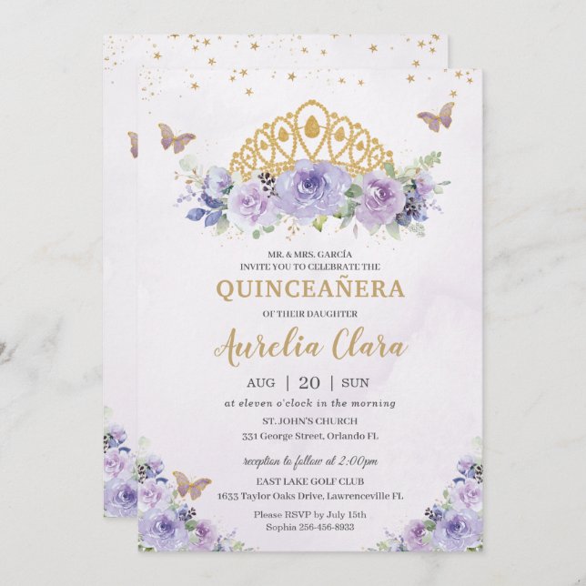 Quinceañera Lila Lilac Blommigt Tiara Butterflies Inbjudningar (Fram/baksida)