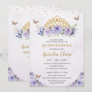 Quinceañera Lila Lilac Blommigt Tiara Butterflies Inbjudningar