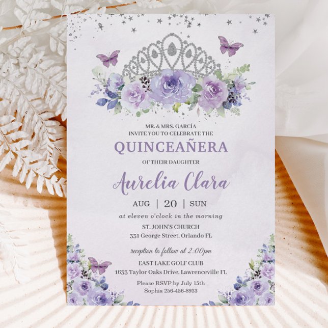 Quinceañera Lila Lilac Blommigt Tiara Butterflies Inbjudningar (purple-lilac-lavender-floral-silver-crown-quinceanera-sweet-sixteen-birthday-invitation-cards)