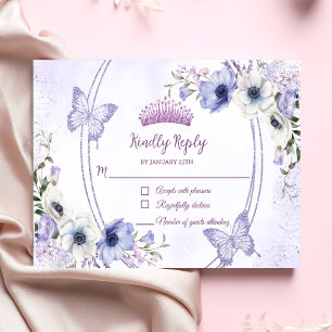Quinceañera Lila Lilac Blommigt Tiara Butterflies OSA Kort