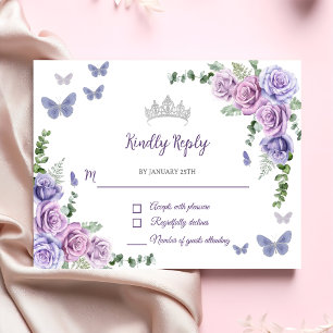 Quinceañera Lila Lilac Blommigt Tiara Butterflies OSA Kort
