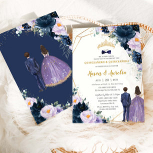 Quinceañera Lila Lilac Navy Blue Blommigt Twilling Inbjudningar