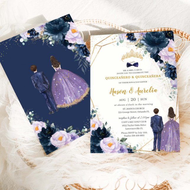 Quinceañera Lila Lilac Navy Blue Blommigt Twilling Inbjudningar (Skapare uppladdad)
