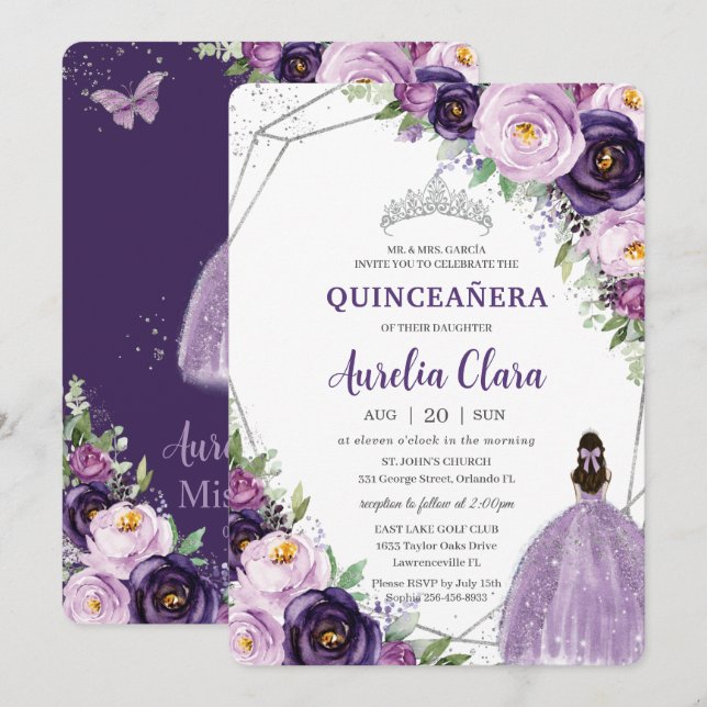 Quinceañera Lila Lilac Plum Blommigt Silver Dress Inbjudningar (Fram/baksida)