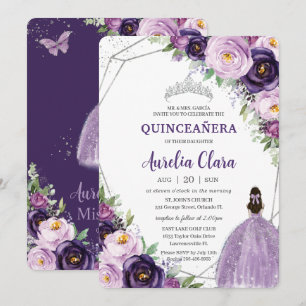 Quinceañera Lila Lilac Plum Blommigt Silver Dress Inbjudningar