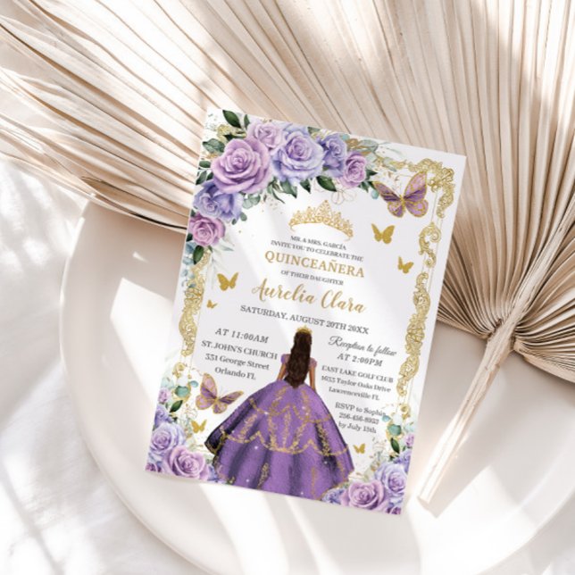 Quinceañera Lila Lilac Ro Blommigt Guld Princess Inbjudningar (Skapare uppladdad)