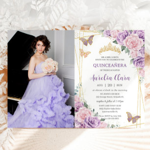 Quinceañera Lila Lilac Rosa Blommigt Butterflies Inbjudningar
