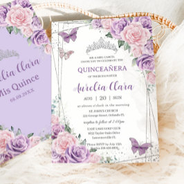 Quinceañera Lila Lilac Rosa Blommigt Butterflies Inbjudningar