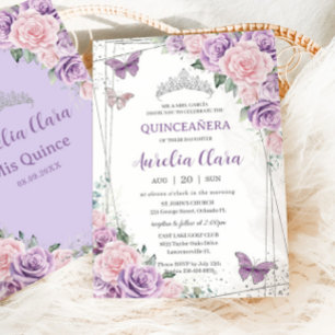 Quinceañera Lila Lilac Rosa Blommigt Butterflies Inbjudningar