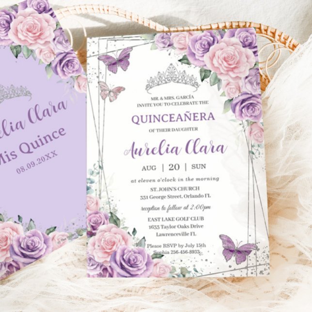 Quinceañera Lila Lilac Rosa Blommigt Butterflies Inbjudningar (Skapare uppladdad)