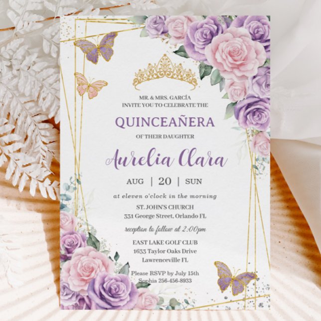 Quinceañera Lila Lilac Rosa Blommigt Butterflies Inbjudningar (purple lilac pale pink roses floral quinceanera xv birthday invitation cards printed and digital)