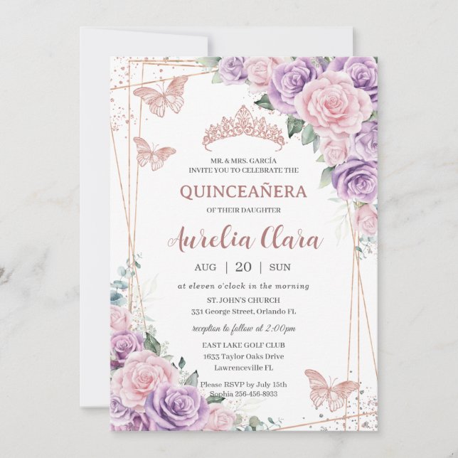 Quinceañera Lila Lilac Rosa Blommigt Ro Guld Inbjudningar (Framsida)