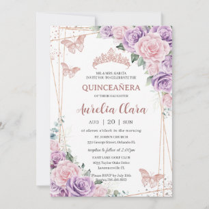 Quinceañera Lila Lilac Rosa Blommigt Ro Guld Inbjudningar