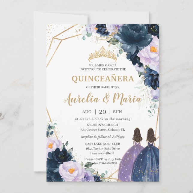 Quinceañera Lila Marinblå Blommig Tvillingar Inbjudningar (Framsida)