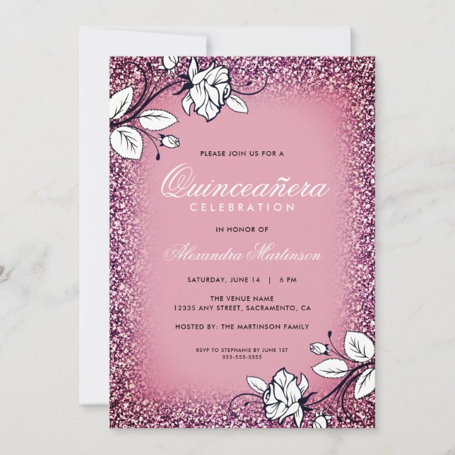 Quinceanera lila och glitter vita rosor inbjudningar (Framsida)