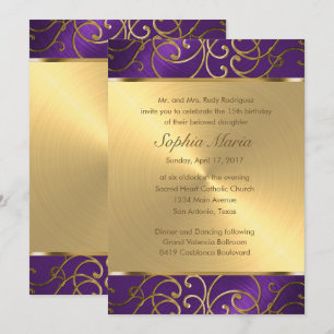Quinceanera Lila och Guld Filigree Swirls Inbjudningar