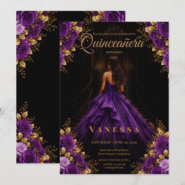 Quinceanera lila och guld inbjudan (Fram/baksida)