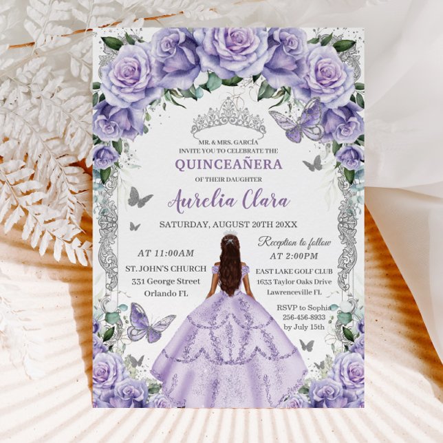 Quinceañera Lila Ro Blommigt Silver Princess Inbjudningar (Skapare uppladdad)