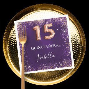 Quinceanera lila ro guld-reservdelar namn pappersservett