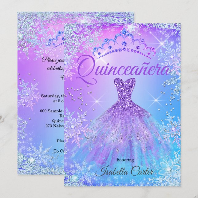 Quinceanera Lila Rosa Blå Vinter Värld 2 Inbjudningar (Fram/baksida)