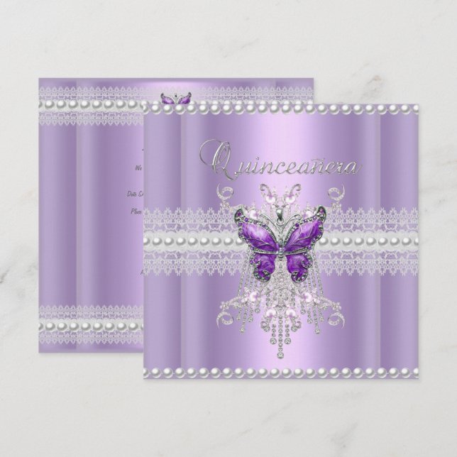 Quinceanera lila rosa pärl spets fjäril inbjudningar (Fram/baksida)