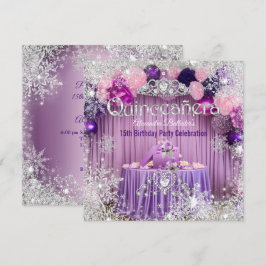 Quinceanera Lila Rosa Silver Tiara Snöflinga Inbjudningar