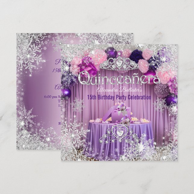 Quinceanera Lila Rosa Silver Tiara Snöflinga  Inbjudningar (Fram/baksida)