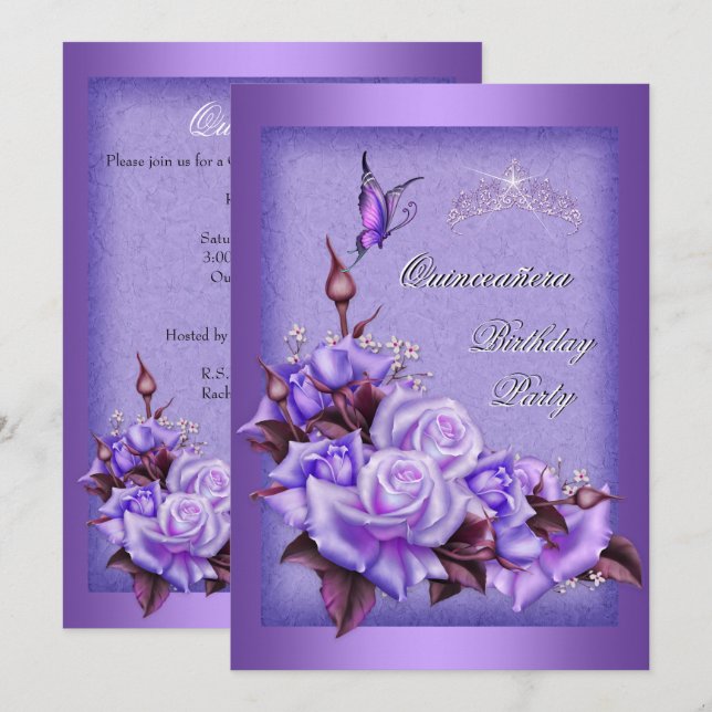 Quinceanera Lila Rosor Fjäril Blommig 2a Inbjudningar (Fram/baksida)