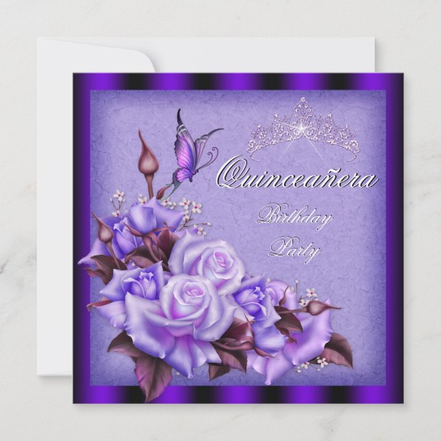 Quinceanera Lila Rosor Fjäril Blommig Inbjudningar (Framsida)