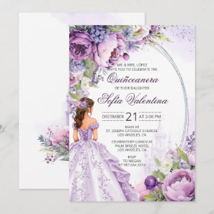 Quinceanera Lila Silver Blommig Inbjudan