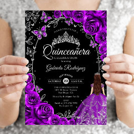 Quinceanera Lila Silver Blommig Inbjudningar