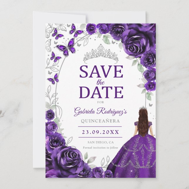 Quinceanera Lila Silver Blommig Spara Datumet (Framsida)