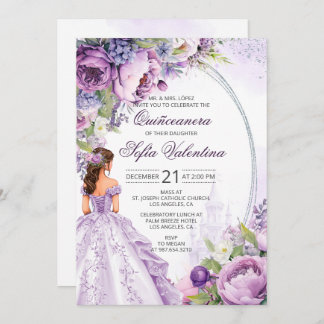 Quinceanera Lila Silver Blommigt-inbjudan Inbjudningar