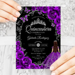 Quinceanera Lila Silver Blommigt Inbjudningar